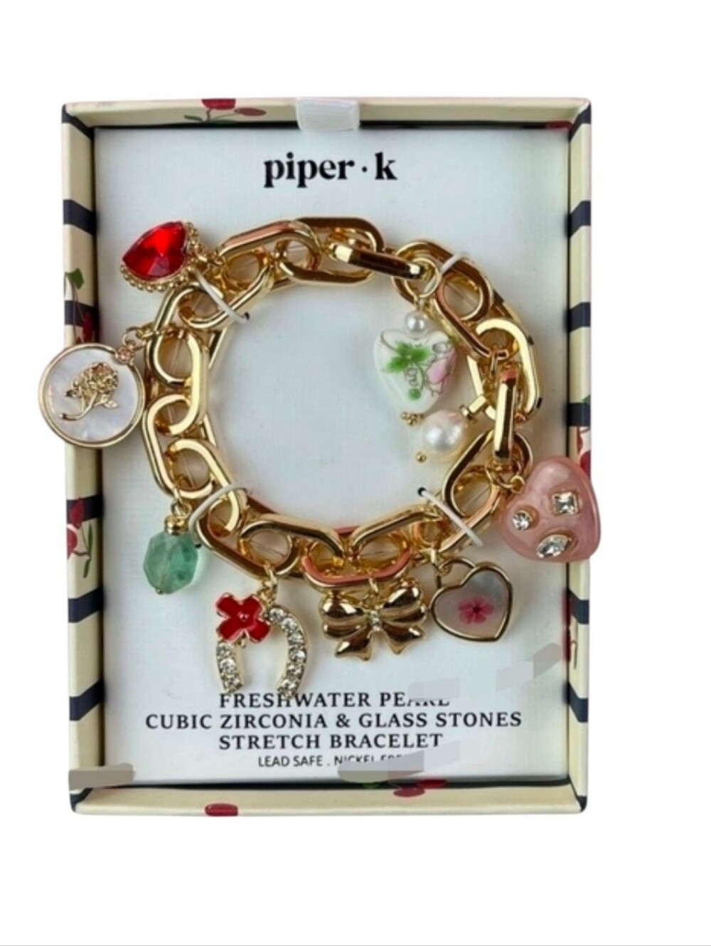 Piper K Freshwater Pearl Cubic Zirconia & Glass Stones Gold Stretch Bracelet